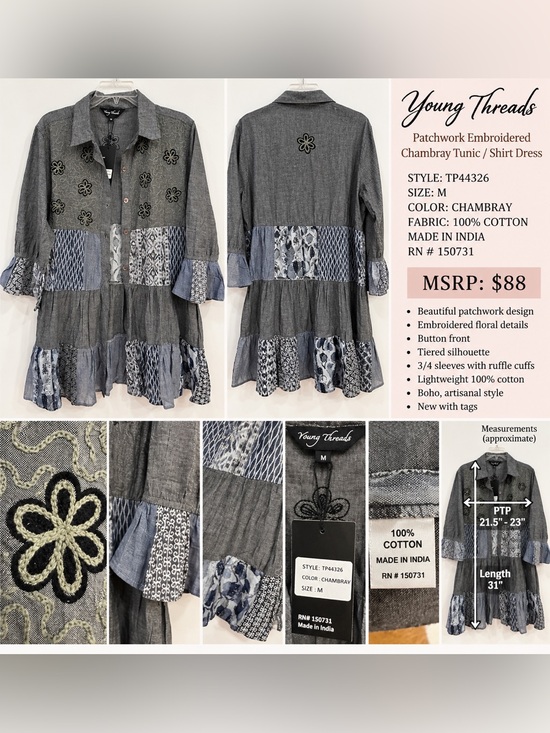 Young Threads Dresses & Skirts - NWT Young Threads Patchwork Embroidered Tunic Shirt Dress MSRP 88